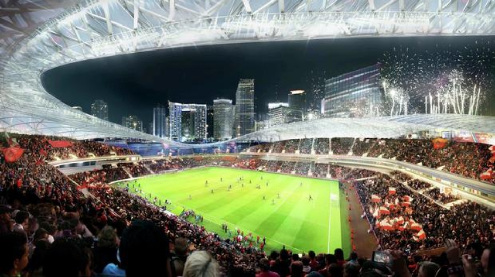 This image courtesy of Miami Beckham United shows an artist rendering of a proposed stadium for a Major League Soccer (MLS) team backed by retired English soccer star David Beckham of the group's preferred location for the arena seated in between Biscayne Bay and downtown Miami, Florida in this handout image released on March 24, 2014. REUTERS/360 Architecture and Arquitectonica/Handout via Reuters  (UNITED STATES - Tags: SPORT SOCCER) ATTENTION EDITORS - NO COMMERCIAL OR BOOK SALES. NO SALES. NO ARCHIVES. FOR EDITORIAL USE ONLY. NOT FOR SALE FOR MARKETING OR ADVERTISING CAMPAIGNS. THIS PICTURE WAS PROVIDED BY A THIRD PARTY. REUTERS IS UNABLE TO INDEPENDENTLY VERIFY THE AUTHENTICITY, CONTENT, LOCATION OR DATE OF THIS IMAGE. THIS PICTURE IS DISTRIBUTED EXACTLY AS RECEIVED BY REUTERS, AS A SERVICE TO CLIENTS